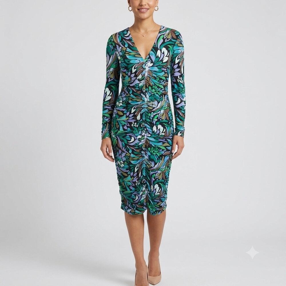 NWT Hale Bob Eve Ruched V-Neck Dress Small Green Abstract Floral Long Sleeve